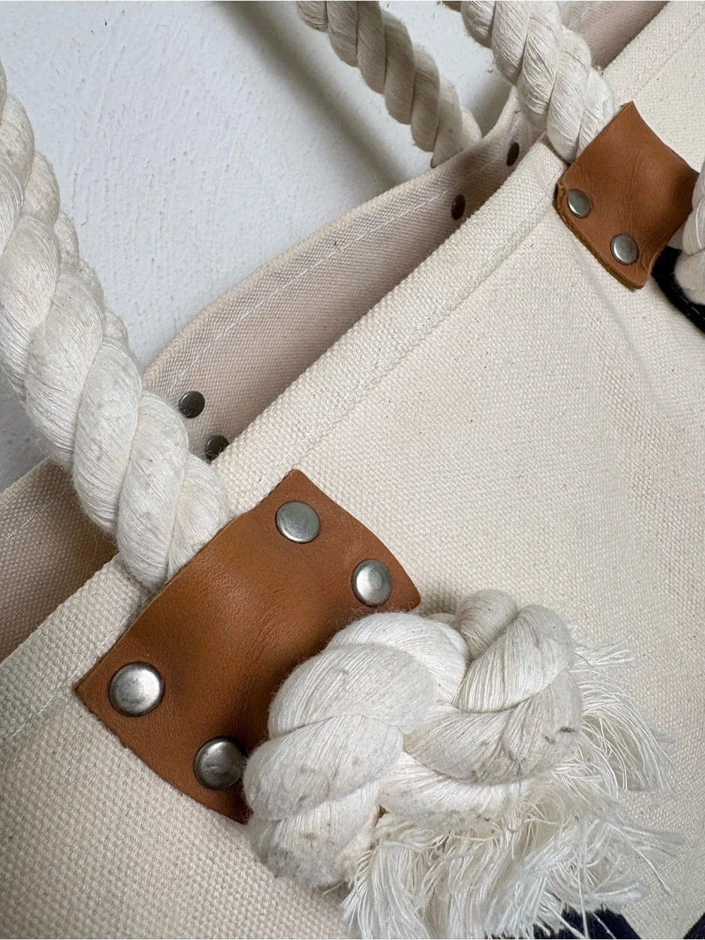L.L. BEAN Signature Boat & Tote Canvas Bag w Rope & Leather Handles Nautical